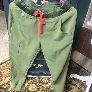 Figs Women's Green Joggers with neon Red Drawstring small